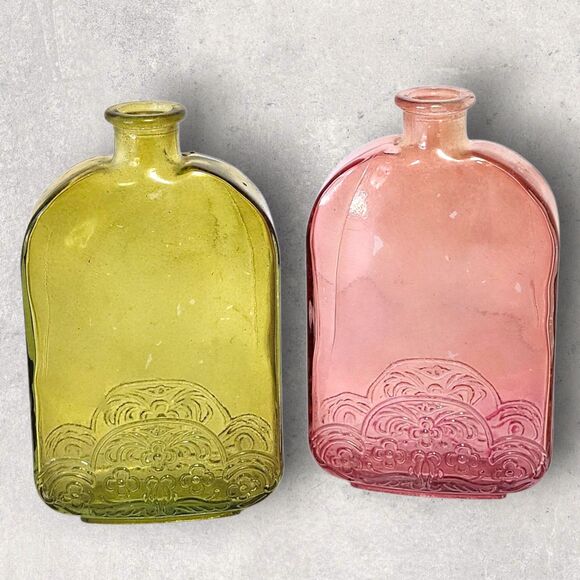 Vidrios De Levante Recycled Glass Bottles Pink & Green Embossed Spain MCM Decor - Picture 2 of 10